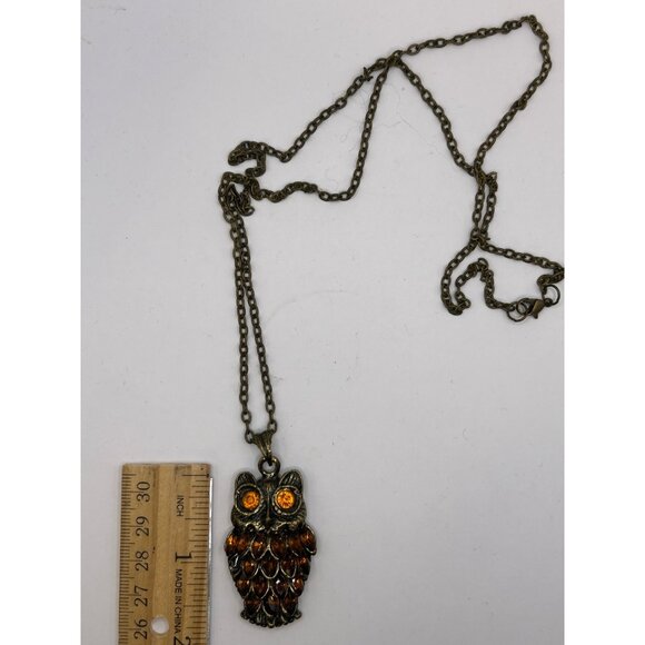 Antique Bronze-Tone Owl Pendant Necklace With Amber-Colored Eyes On Long Chain - Picture 3 of 3